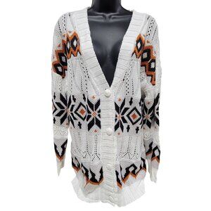 White Rust & Black Aztec Knit Cardigan Large Polyester